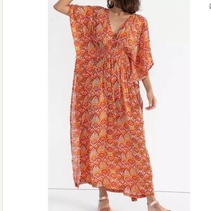 Rujuta Sheth Kaftan Oversized Maxi Dress Orange Block Print Size Small